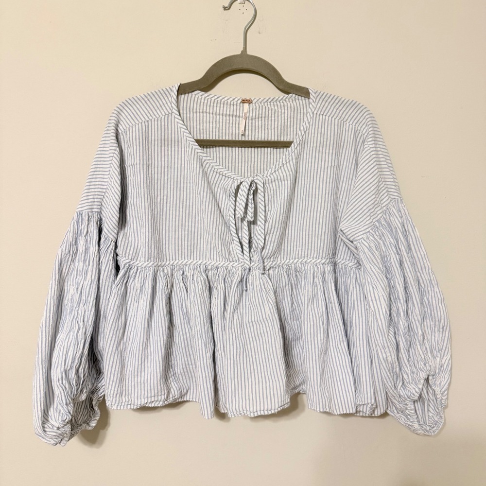 Free People Beaumont Mews Stripe Blouse Blue White Cotton Babydoll Top Medium